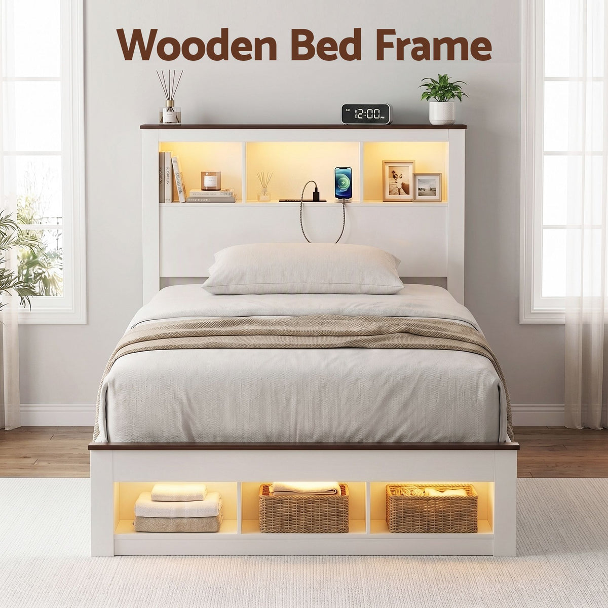 Mysha Bed Frame with Storage Bookcase Headboard and Footboard - White King Single