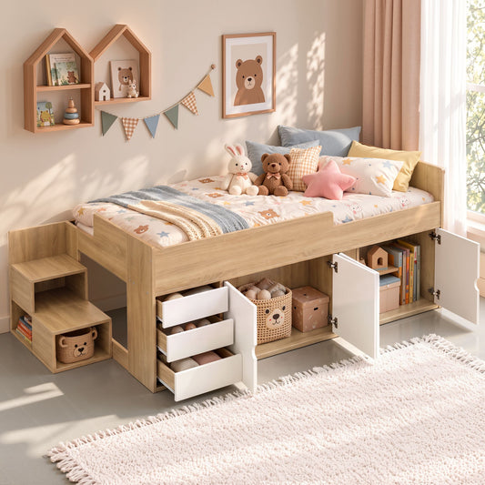Zorielle Bed Frame with Storage 3 Drawers and Two-Step Access 2 Cabinets - White King Single