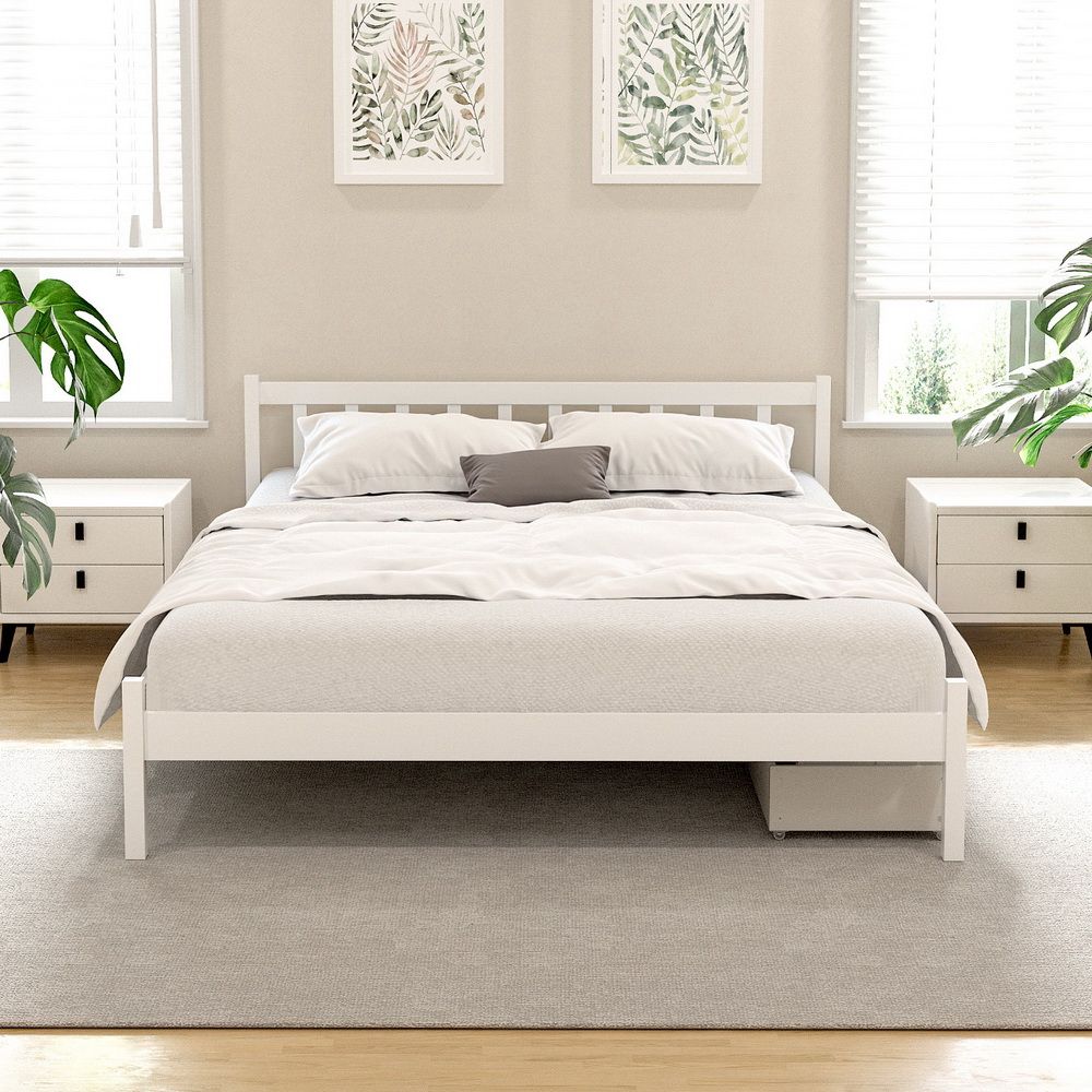 Serenia Bed Frame Size Wooden Platform with 2 Storage Drawers - White Double