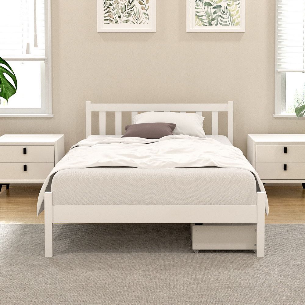 Serenia Bed Frame Wooden Platform with 2 Storage Drawers - White King Single
