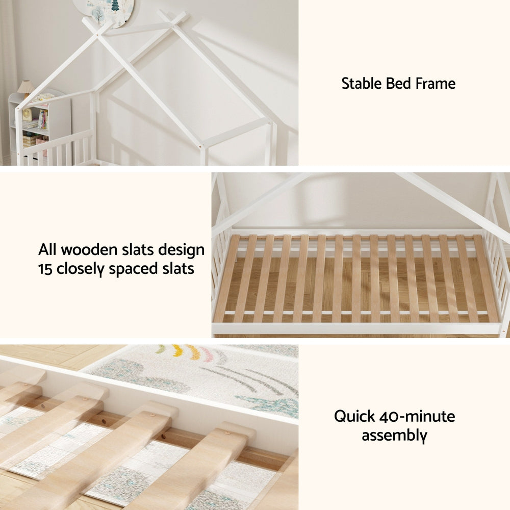 Isadora Bed Frame Wooden Base Kids Timber House Beds - White Single
