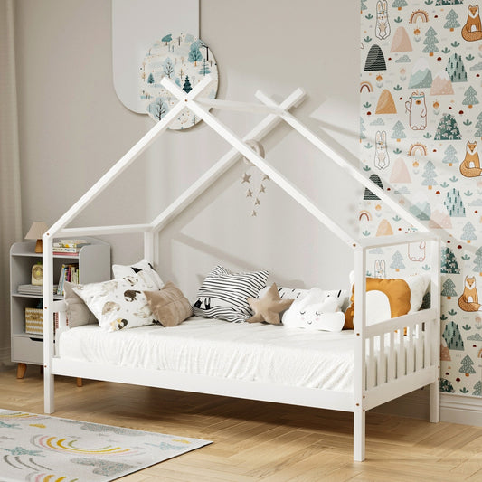 Isadora Bed Frame Wooden Base Kids Timber House Beds - White Single