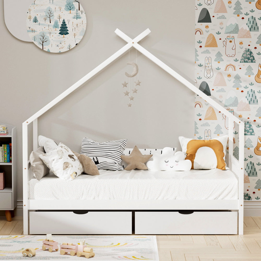 Isadora Bed Frame Wooden Base Kids Single Timber House with 2 Storage Drawers - White Single