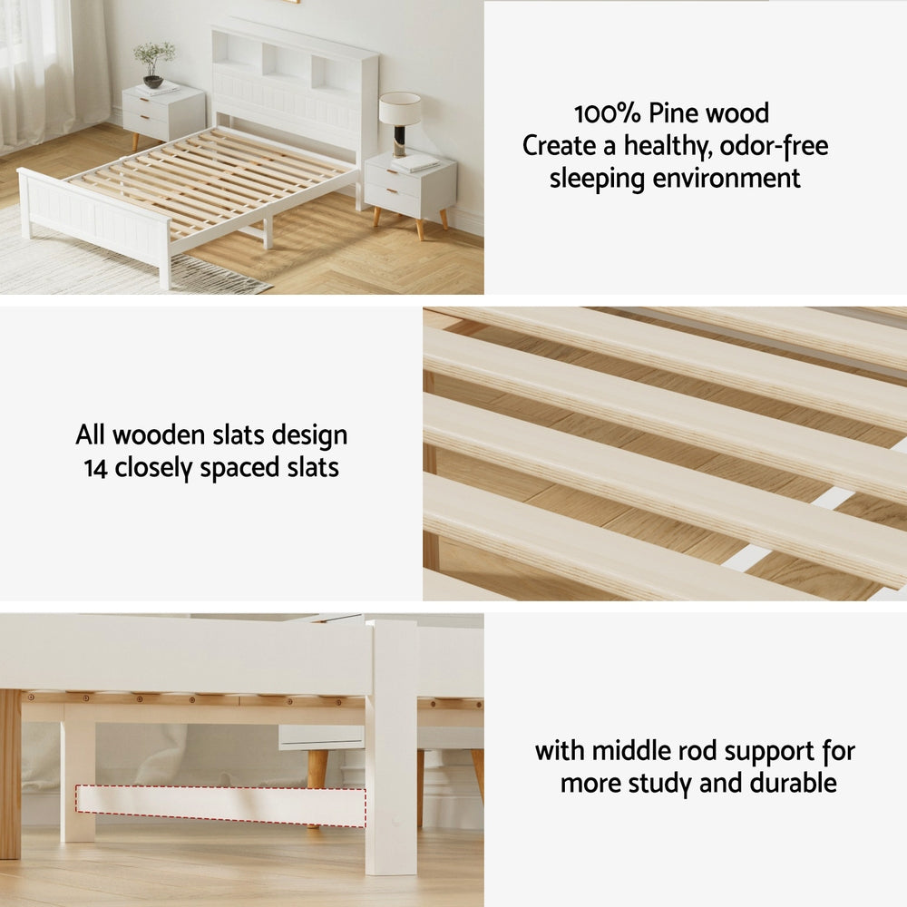 Briggs Bed Frame Size Wooden with 3 Shelves Bed Head - White Double
