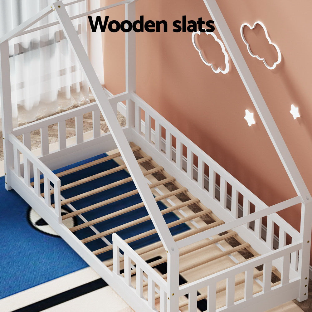 Mila Bed Frame Wooden Kids House - White Single