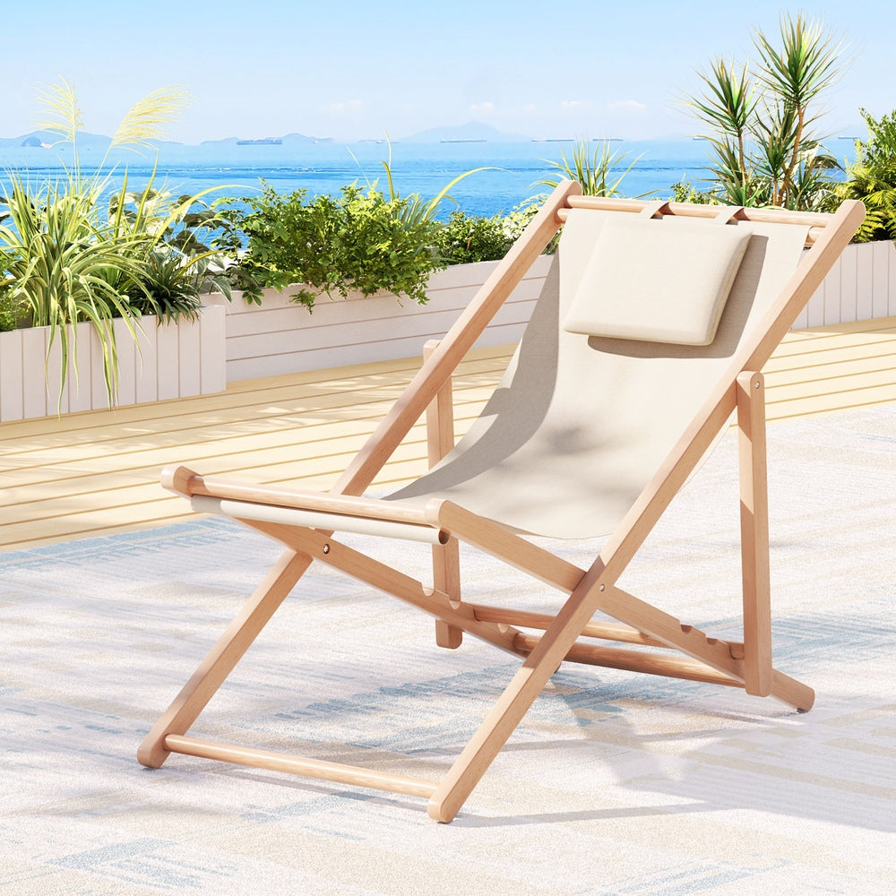 Damien Outdoor Chairs Sun Lounge Deck Beach Chair Folding Wooden Patio Furniture - Beige