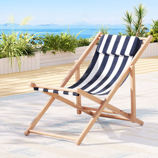 Damien Outdoor Chairs Sun Lounge Deck Beach Chair Folding Wooden Patio Furniture - Blue and White