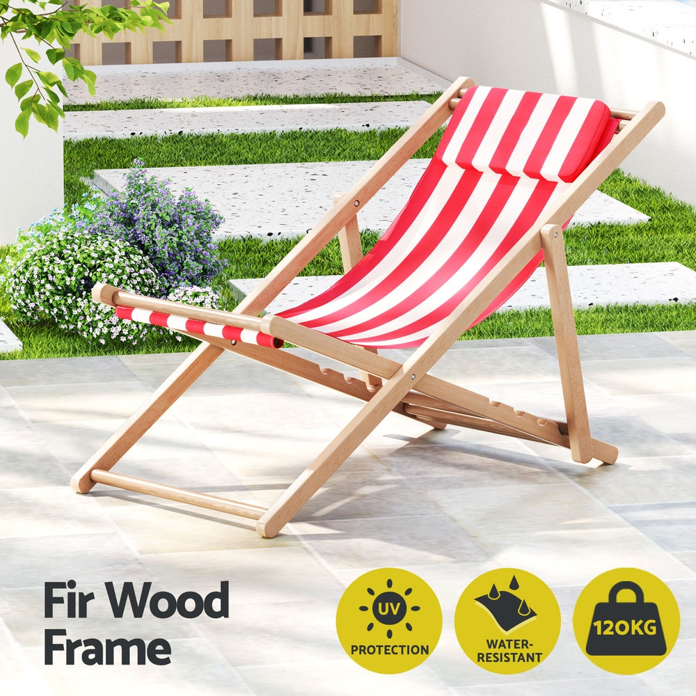 Damien Outdoor Chairs Sun Lounge Deck Beach Chair Folding Wooden Patio Furniture - Red and White