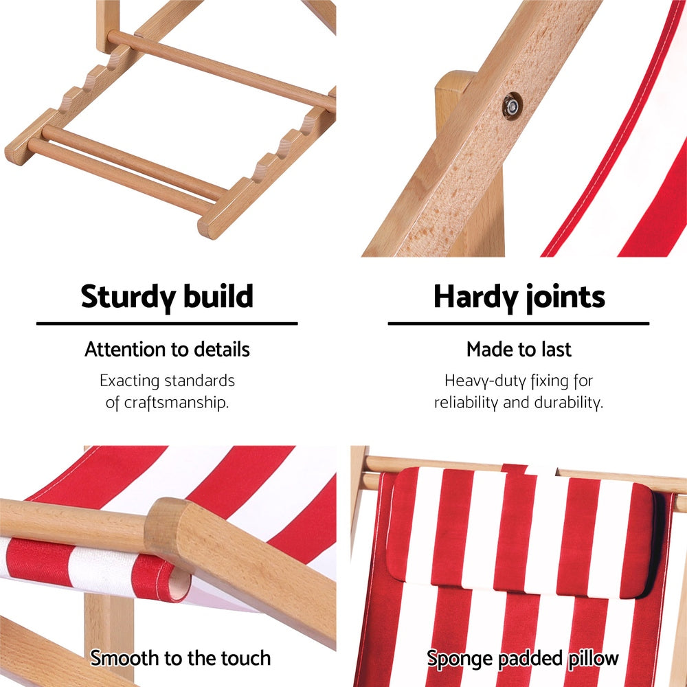 Damien Outdoor Chairs Sun Lounge Deck Beach Chair Folding Wooden Patio Furniture - Red and White