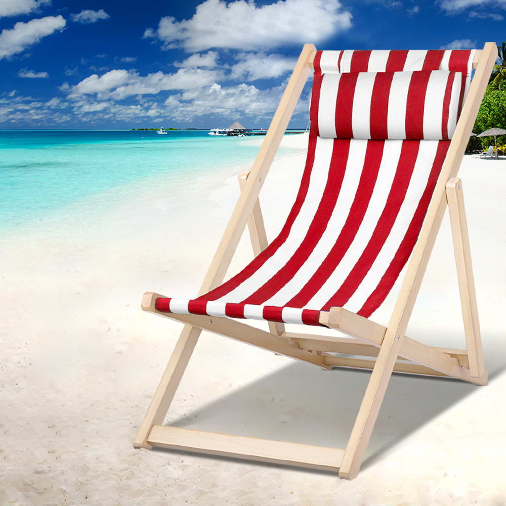 Damien Outdoor Chairs Sun Lounge Deck Beach Chair Folding Wooden Patio Furniture - Red and White