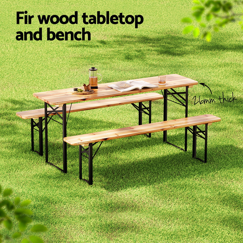 Samuel 6-Seater Lounge Setting Patio Wooden Bench 3-Piece Outdoor Dining Set - Natural