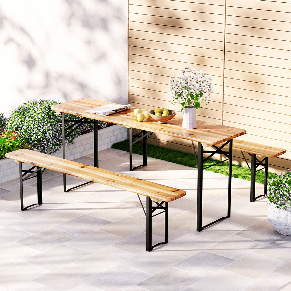 Samuel 6-Seater Lounge Setting Patio Wooden Bench 3-Piece Outdoor Dining Set - Natural