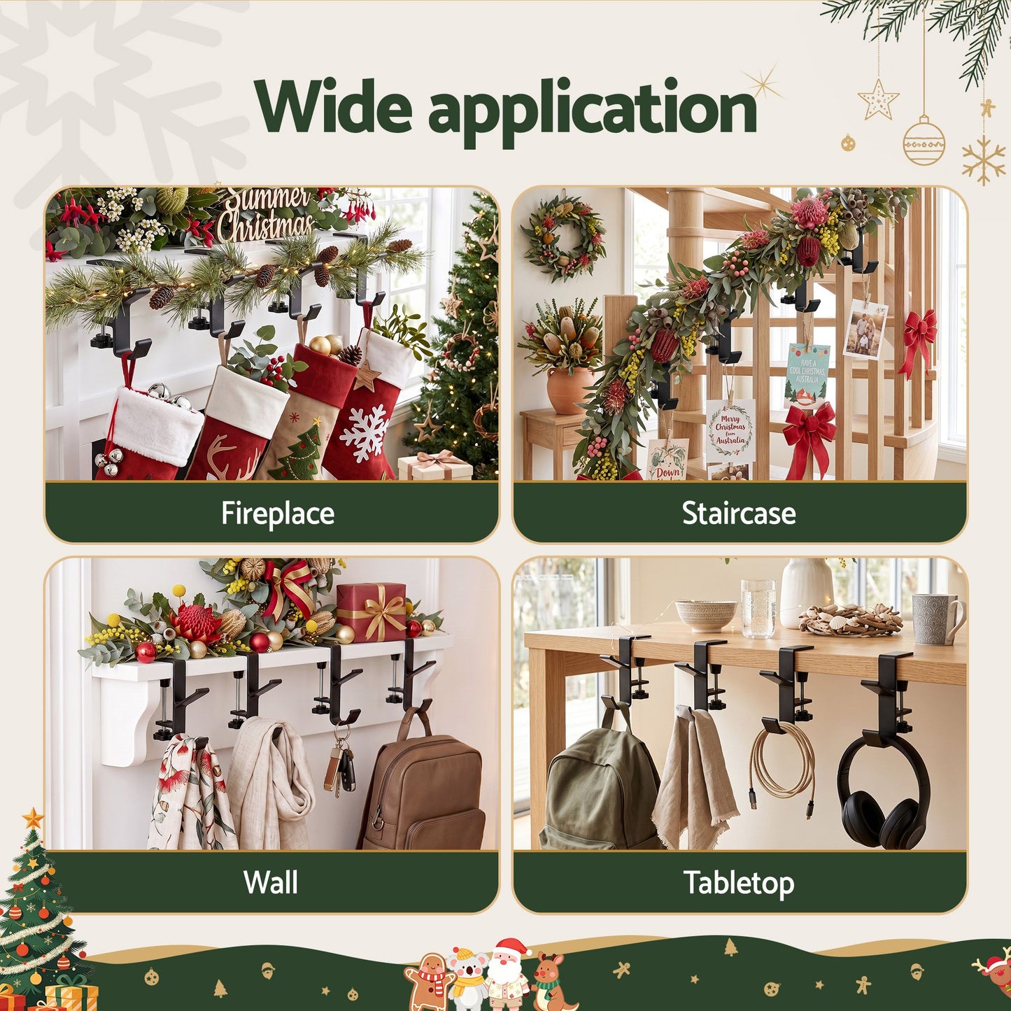 Set of 4 Christmas Garland Hangers Stocking Hooks Wreath 2-In-1 No Drill