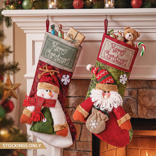 Christmas Stockings 2 Pack Large 3D Plush Santa Snowman 43.5cm Christmas Decor for Family Holiday Christmas Party Decorations