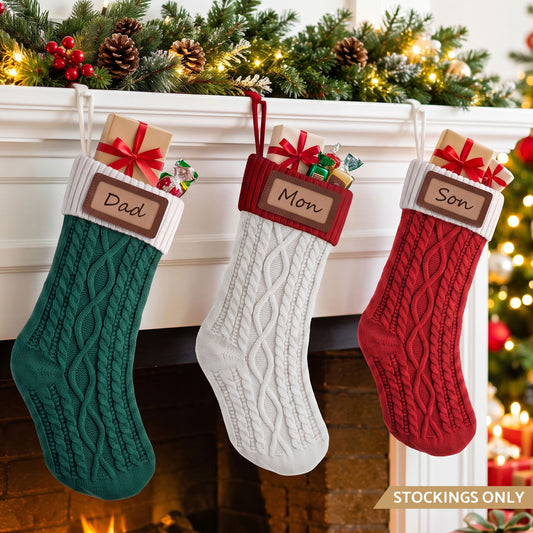3PCS Personalized Christmas Stockings with Leather Patches, 16 Inch Knitted Contrast Colour Xmas Hanging Decor For Fireplace Mantel, Christmas Tree, Home Decoration & Holiday Party Displays