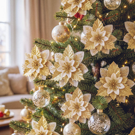 10Pcs Christmas Tree Flower Set Garland Wreath Poinsettia Decorations