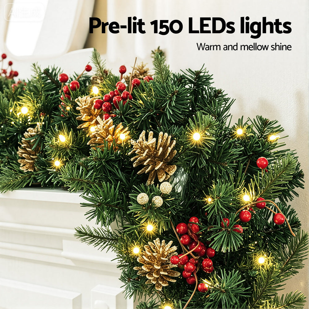 1.8M Christmas Garland Pre-lit LED Pine Cones Berries Xmas Decor