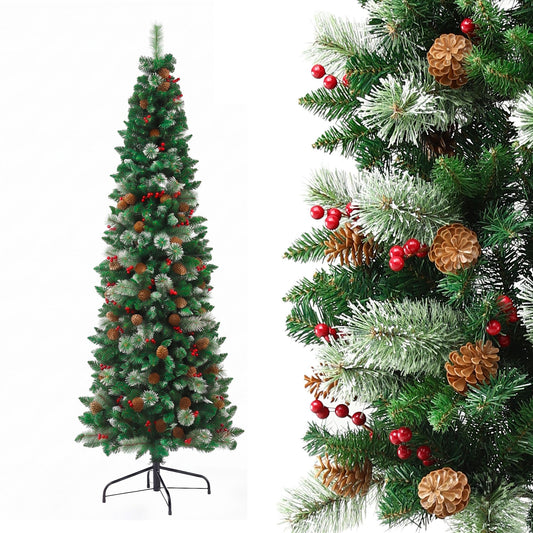 7ft 2.1m Artificial Slim Christmas Tree Pine Cone Berry Decor Corner