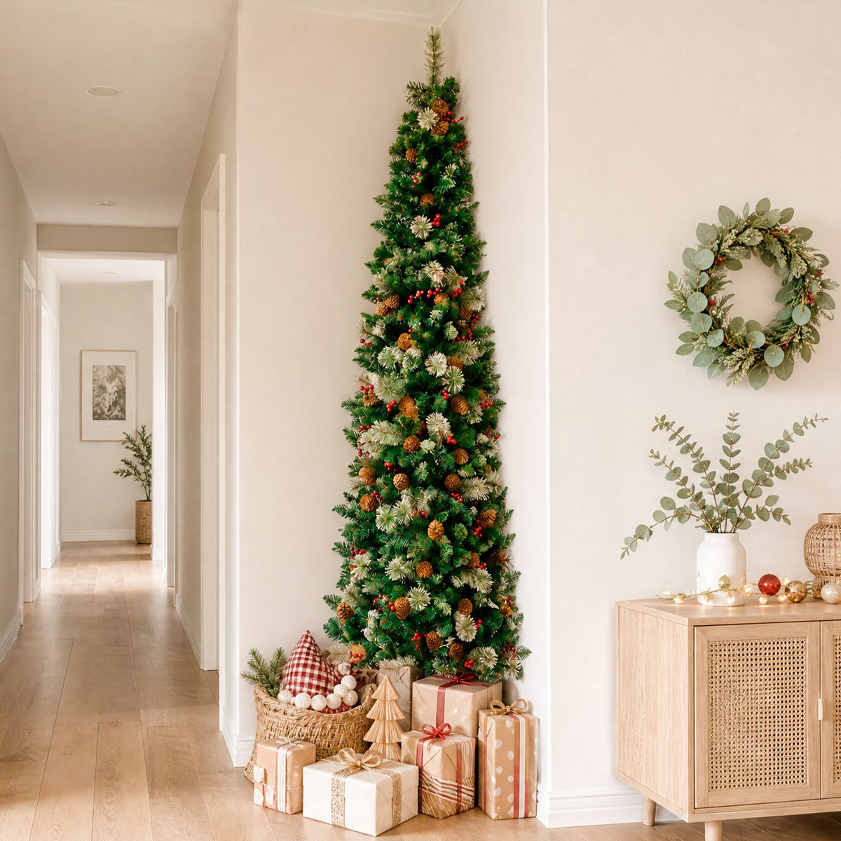 7ft 2.1m Artificial Slim Christmas Tree Pine Cone Berry Decor Corner