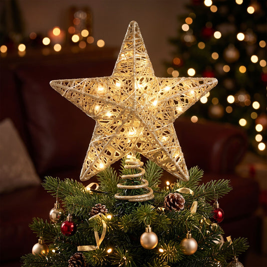3D Christmas Tree Topper Star 20 Warm LED Lights Gold Glitter
