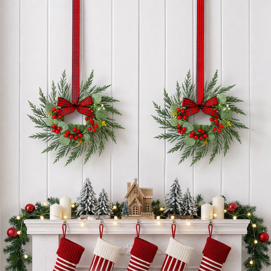 Set of 6 Christmas Wreath Garland 26cm Pre-lit Wreaths Red Berries Bow