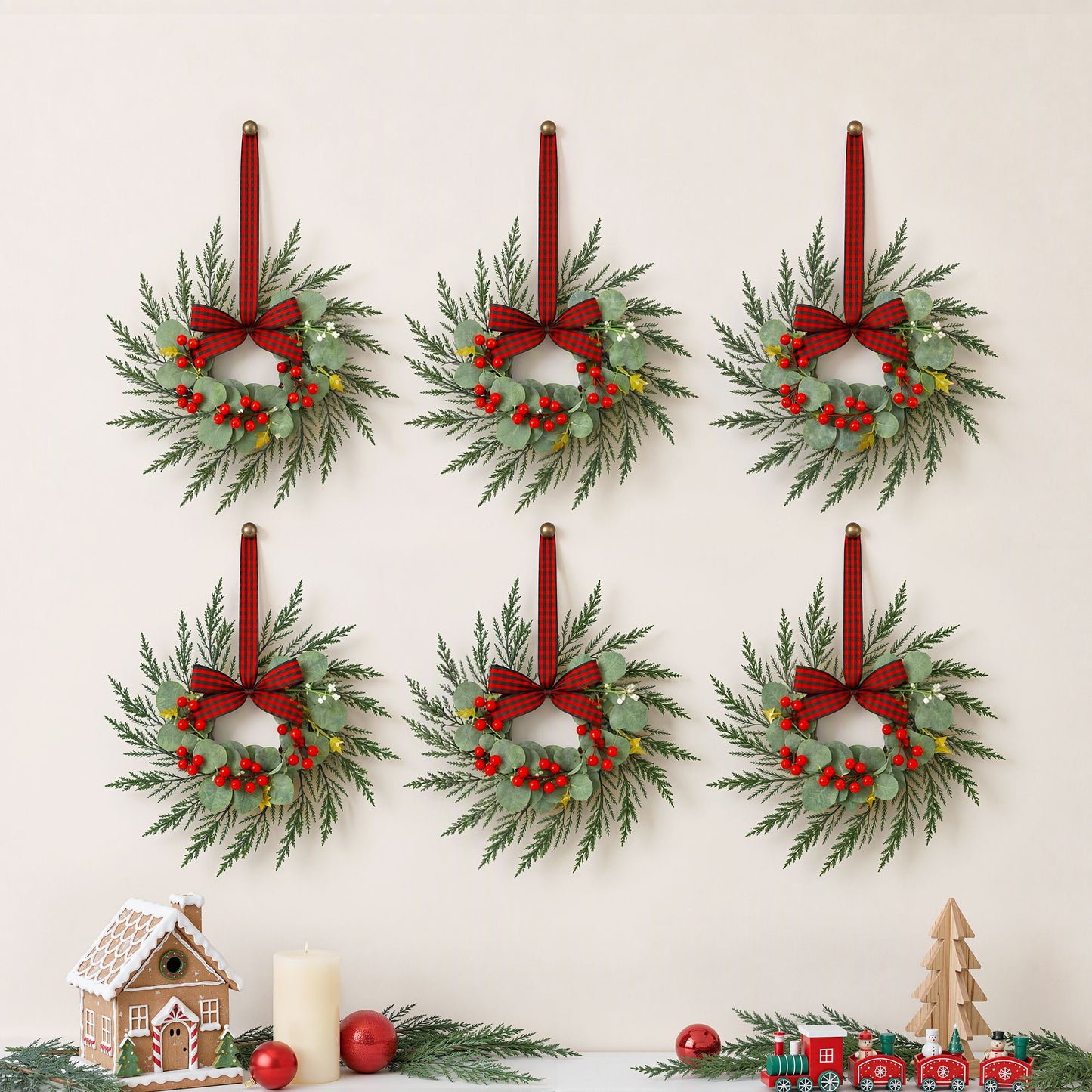Set of 6 Christmas Wreath Garland 26cm Pre-lit Wreaths Red Berries Bow