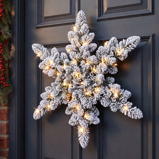 60cm Flocked Snowflake Christmas Wreath Garland Pre-Lit 40 LED Light Decor