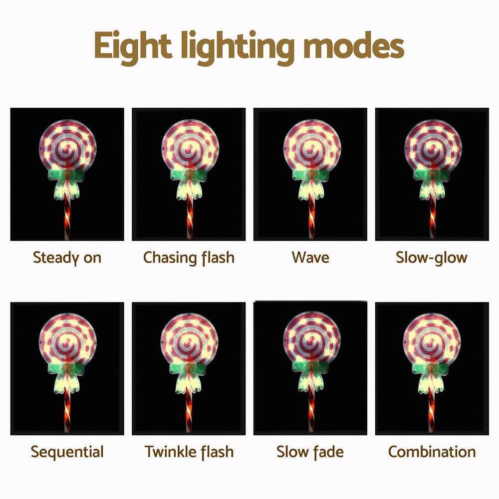 Illustration of eight different lighting modes for a decorative light with a candy cane design.