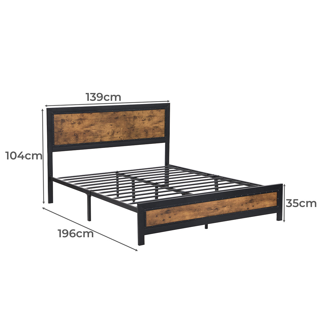 Elvira Metal Bed Frame Platform Wooden Rivets no Drawers - Black & Wood Double