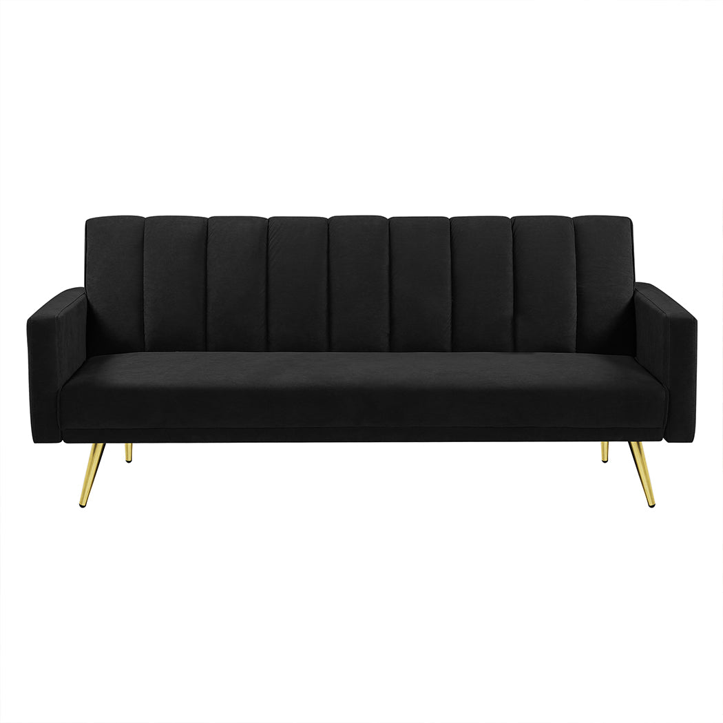 Mari 3 Seater Sofa Bed Convertible Velvet Lounge Recliner Couch Sleeper - Black