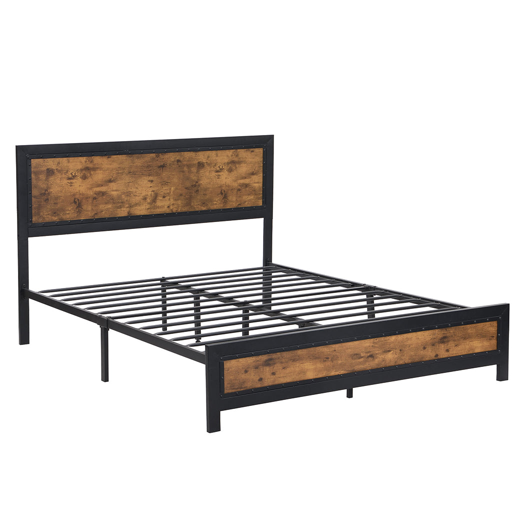 Elvira Metal Bed Frame Platform Wooden Rivets no Drawers - Black & Wood Queen