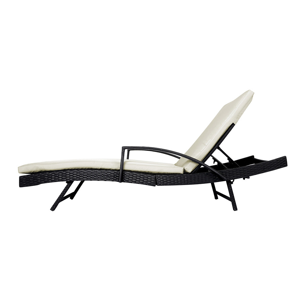 Simon Outdoor Sun Lounger Furniture Wicker Lounge Garden Patio Bed Pool Beige Cushion - Black