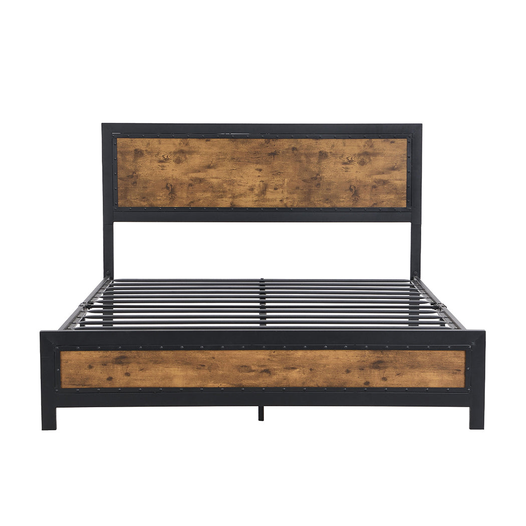 Elvira Metal Bed Frame Platform Wooden Rivets no Drawers - Black & Wood Queen