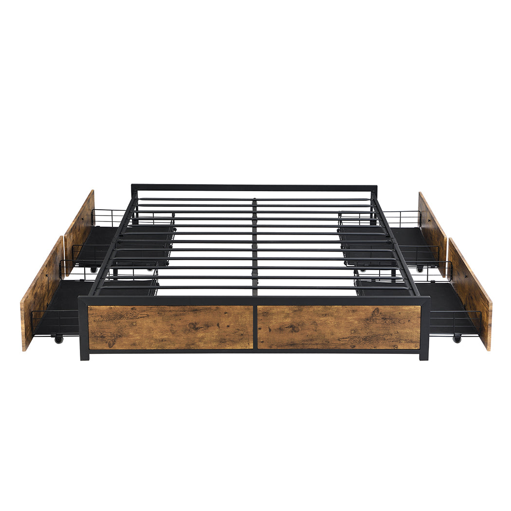 Neri Metal Bed Frame Platform Wooden with 4 Drawers - Black & Wood Double