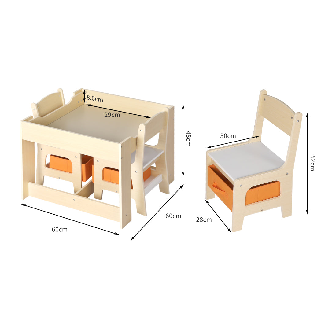 Phyllys 3-Piece Kids Table & Chairs Set Storage Box Toys Play Desk Wooden Study - White & Wood