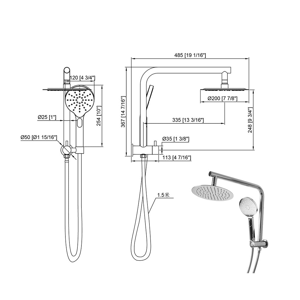 Shower Head High Pressure Set Rain Round - Silver