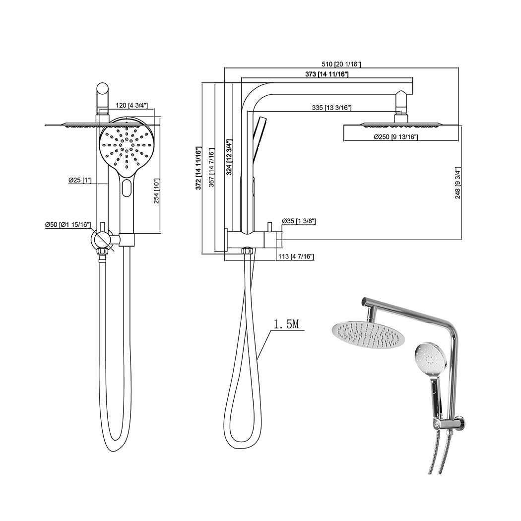 High Pressure Shower Head Set Rain Round - Silver