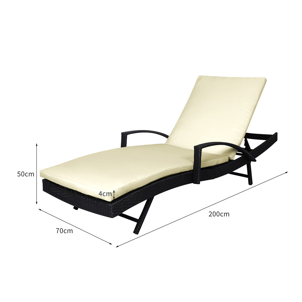 Simon Set of 2 Outdoor Sun Lounger Furniture Wicker Lounge Garden Patio Bed Pool Beige Cushion - Black