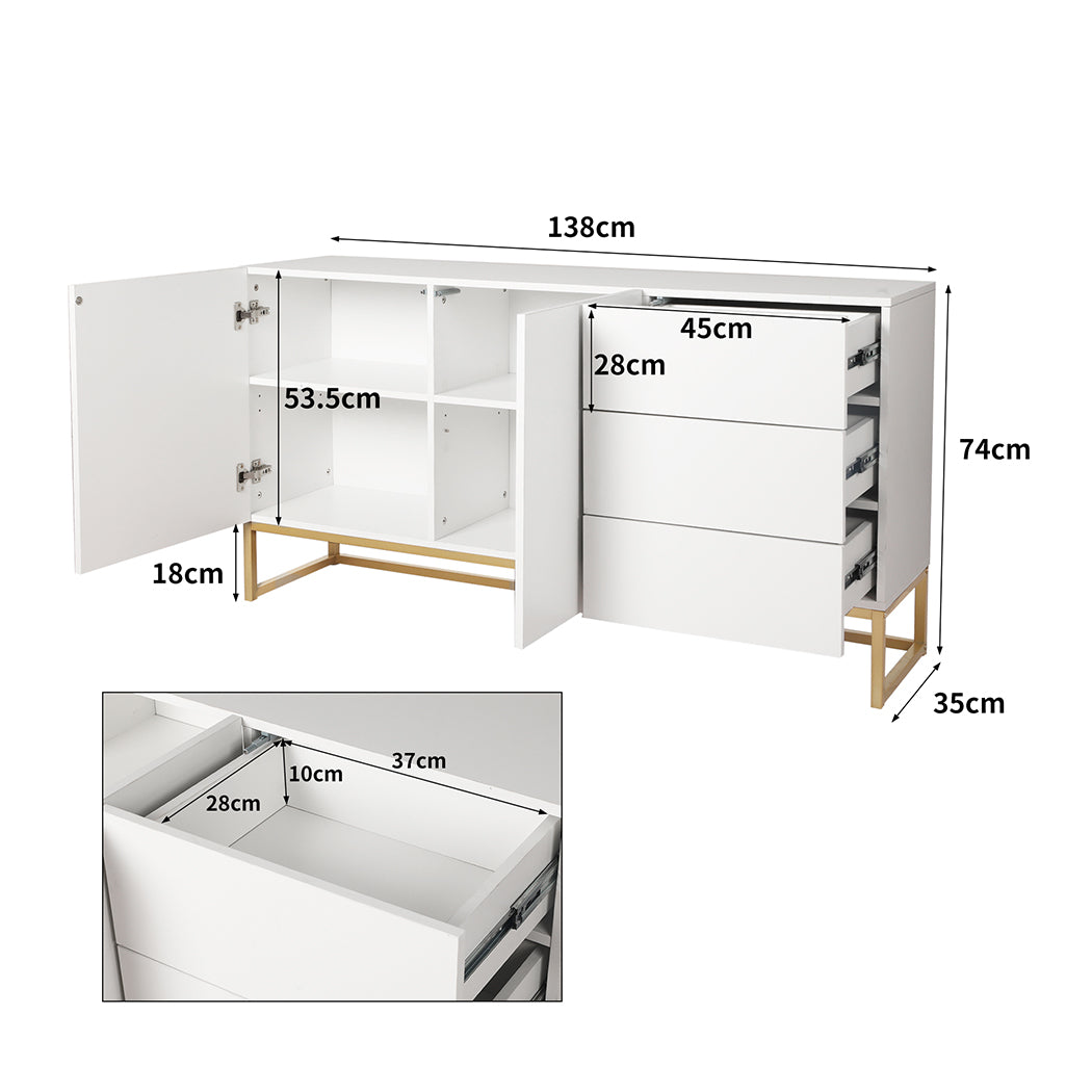 Callum Wooden Buffet Sideboard Cabinet Automatic Spring Drawers Storage Shelf Cupboard - White