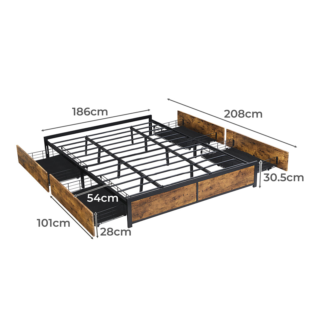 Neri Metal Bed Frame Platform Wooden with 4 Drawers - Black & Wood King