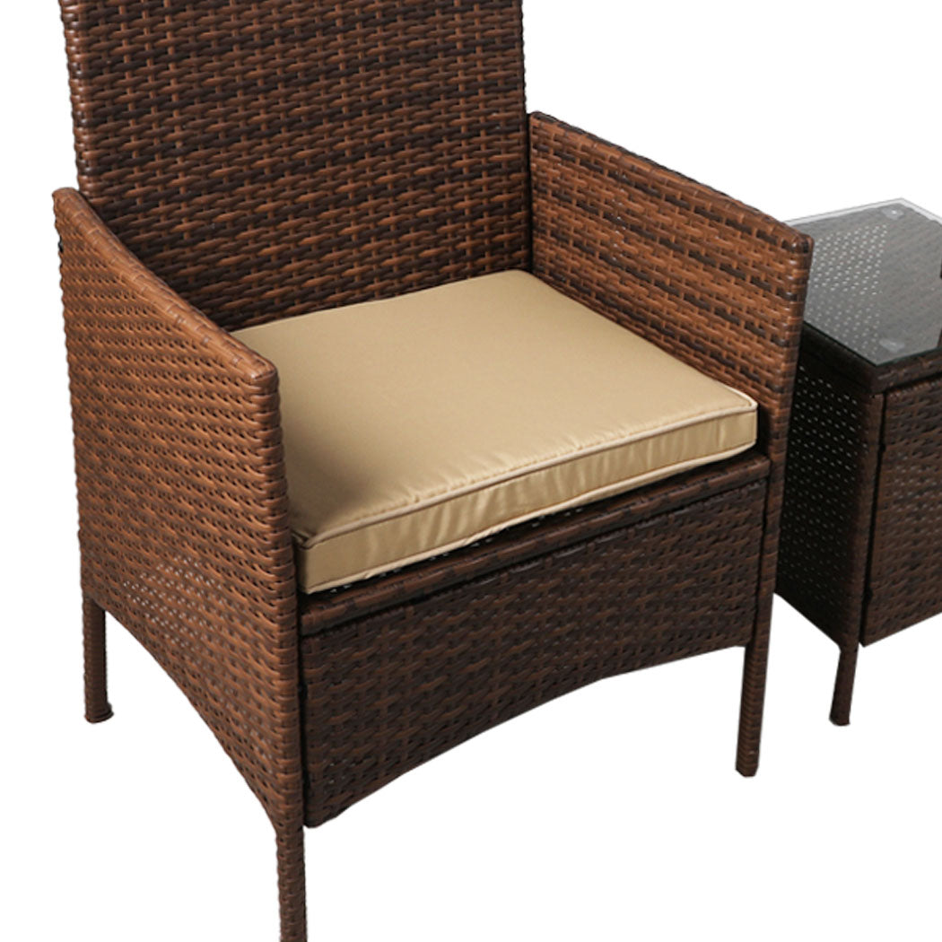 Rhyse 2-Seater Furniture Patio Garden Chair Table Rattan Wicker Cushion Seat 3-Piece Outdoor Setting - Brown