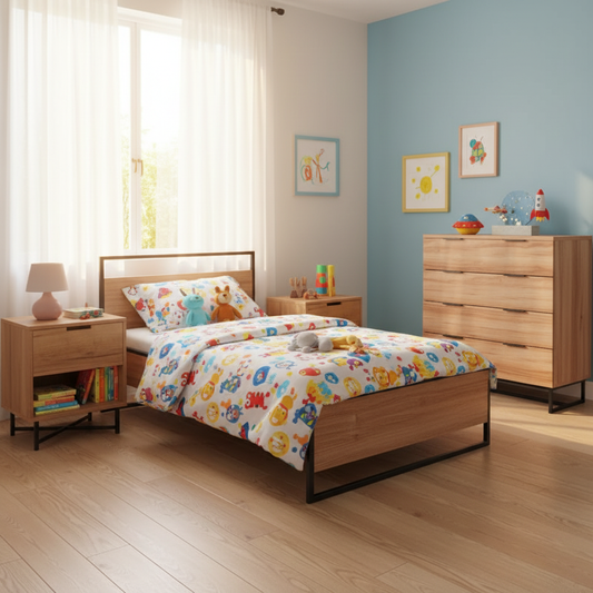 Children's bedroom with wooden furniture, colorful bedding, and decor.