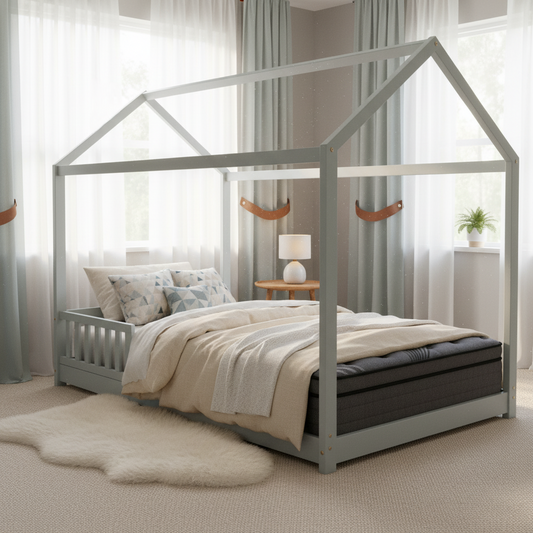 Topaz Bed & Mattress Package with 34cm Mattress House Design with Trundle - Grey Single