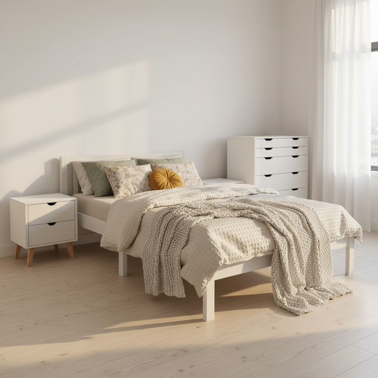 Bedroom with a bed, nightstands, and a dresser in a minimalistic setting.