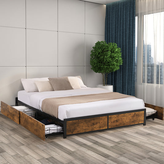 Neri Metal Bed Frame Platform Wooden with 4 Drawers - Black & Wood Queen