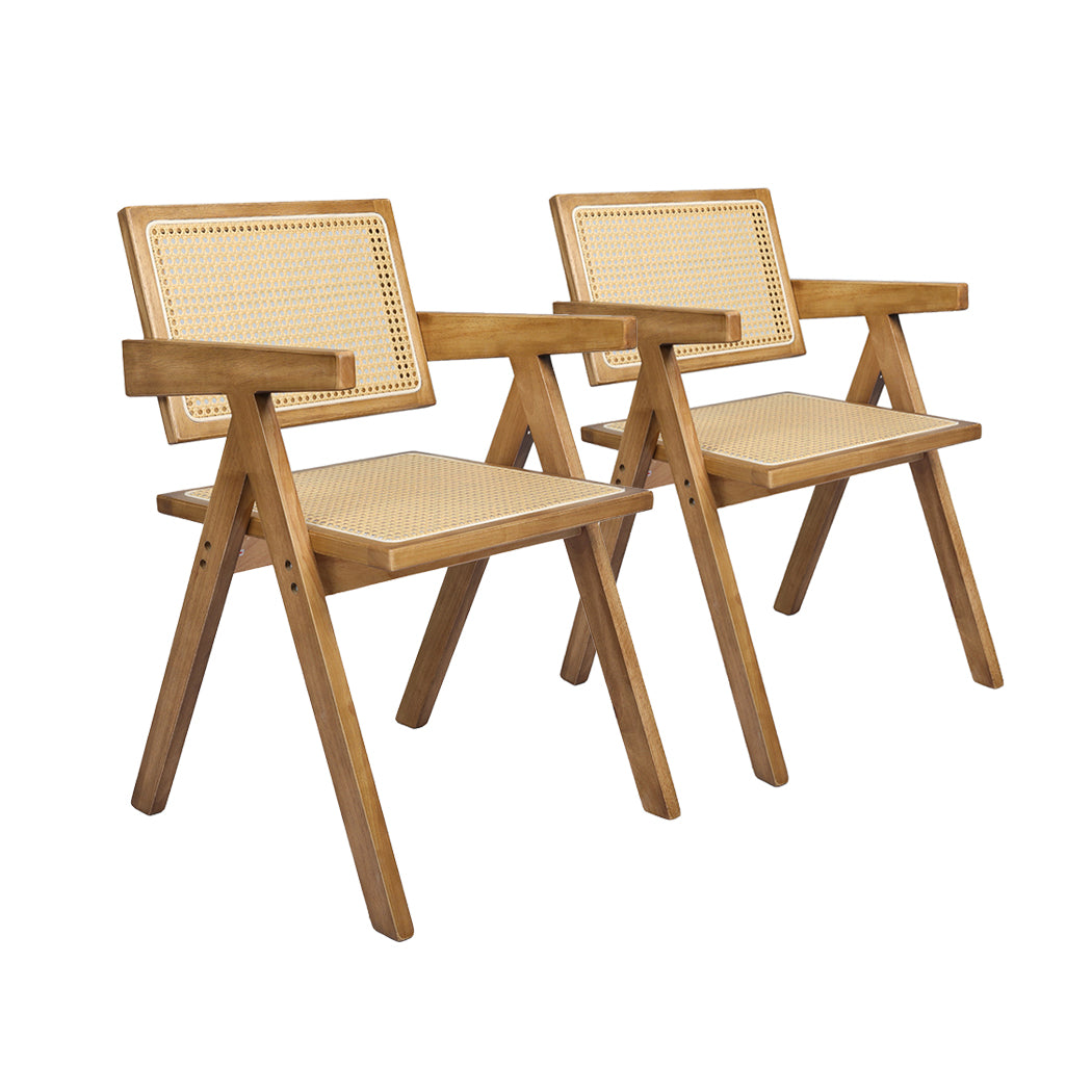 Elowen Set of 2 Dining Chair Solid Wood Rattan Armchair Wicker Accent Lounge Chairs - Natural