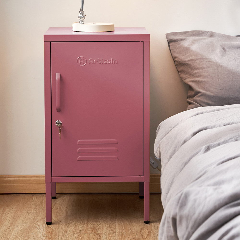 Quesnel Rolled Steel Bedside Tables Metal Locker Storage Shelf Filing Cabinet Cupboard - Pink