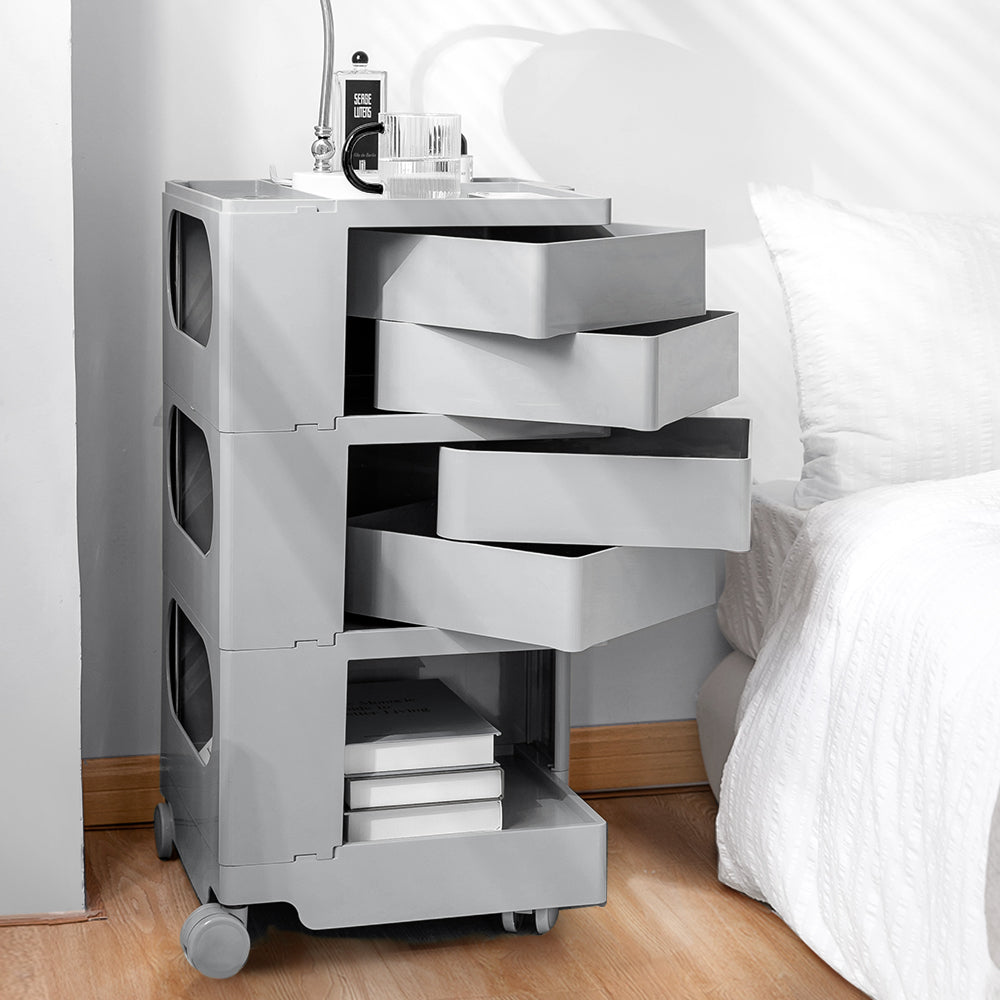 Vernon PP Plastic Bedside Tables Side Tables Nightstand Organizer Replica Boby Trolley 5 Tier with 4 Drawers - Grey