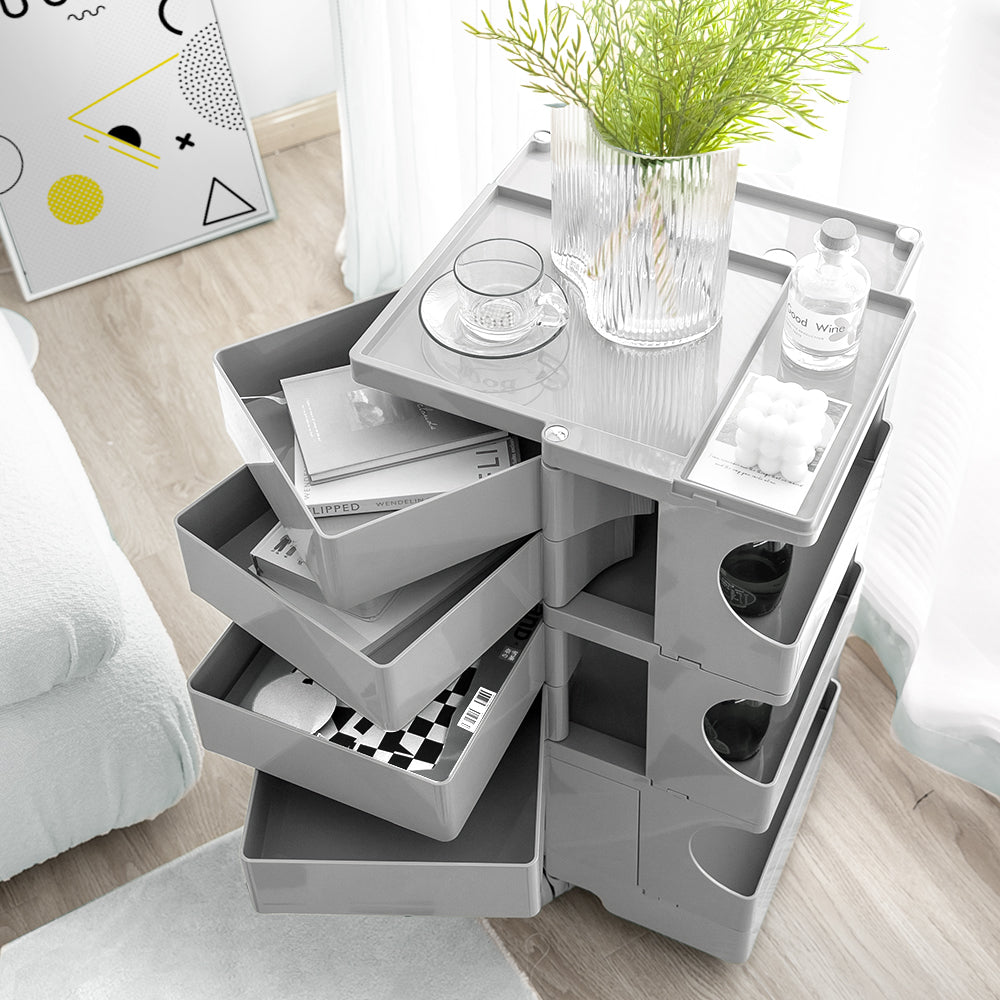 Vernon PP Plastic Bedside Tables Side Tables Nightstand Organizer Replica Boby Trolley 5 Tier with 4 Drawers - Grey