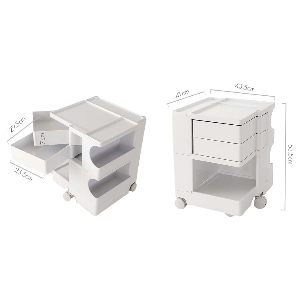 Vernon PP Plastic Bedside Tables Side Tables Nightstand Organizer Replica Boby Trolley 3 Tier with 2 Drawers - White